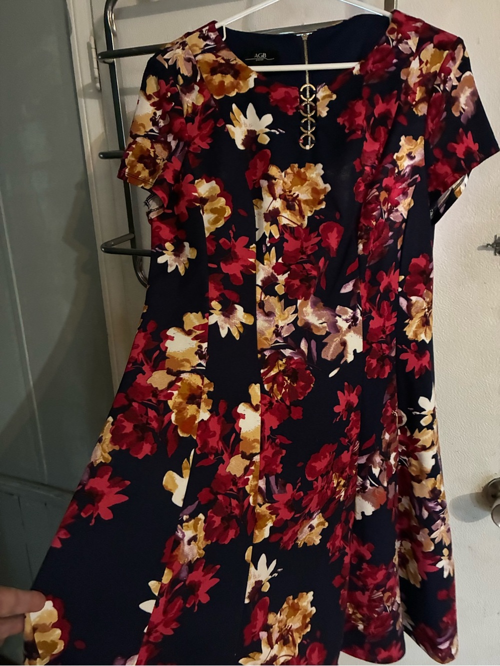 AGB Navy Floral Midi Dress with Red & Gold Blooms